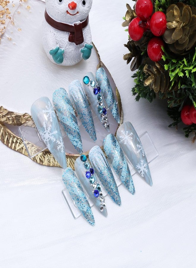LRKNNO Christmas Press on Nails Medium Almond Fake Nails Blue Snowflake False Nails with 3D Rhinestones Designs Glitter Winter Glue on Nails Full Cover Acrylic Artificial Nail for Women DIY Manicure 24 Pcs - Image 2